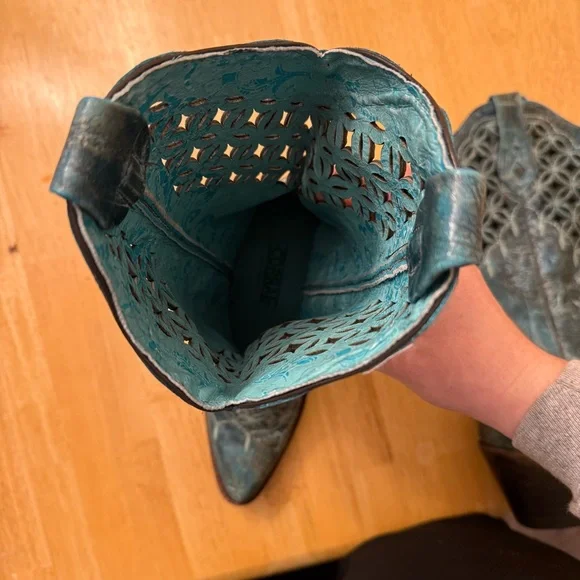 Corral Laser Cutout Western Cowboy Cowgirl Boots Turquoise Heel Rodeo Women’s 9 - Picture 12 of 14